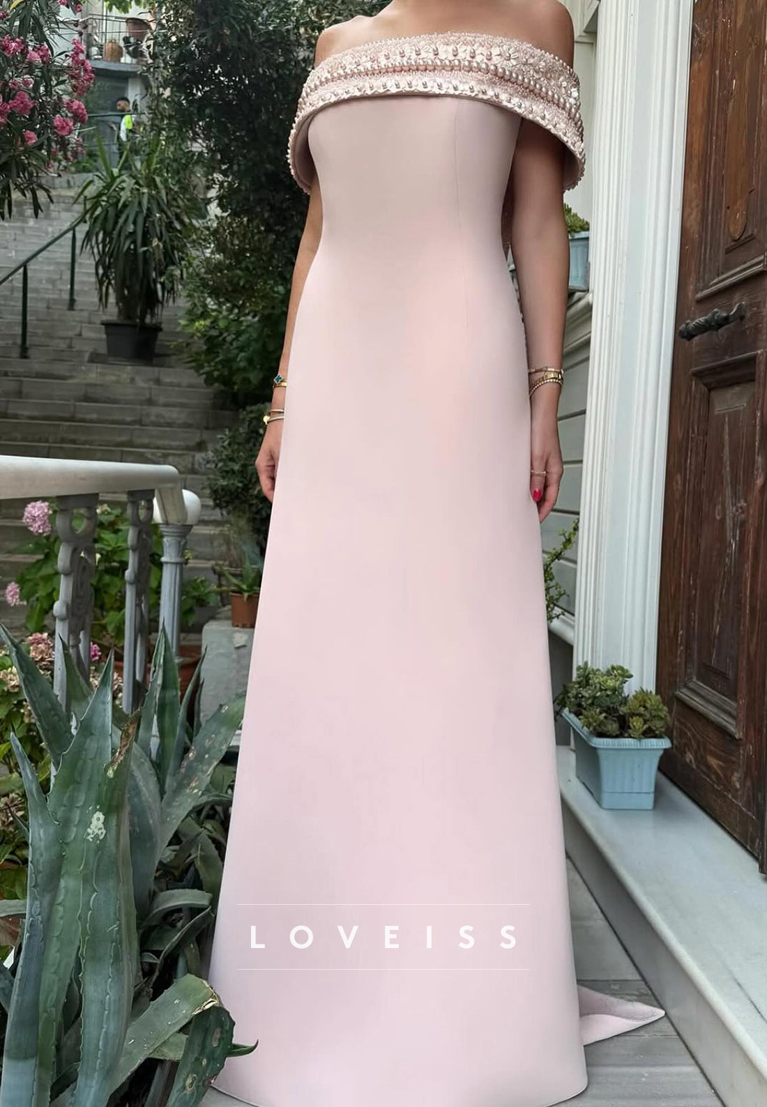 Off-Shoulder Sleeveless Beaded Sleek Sheath Evening Dress