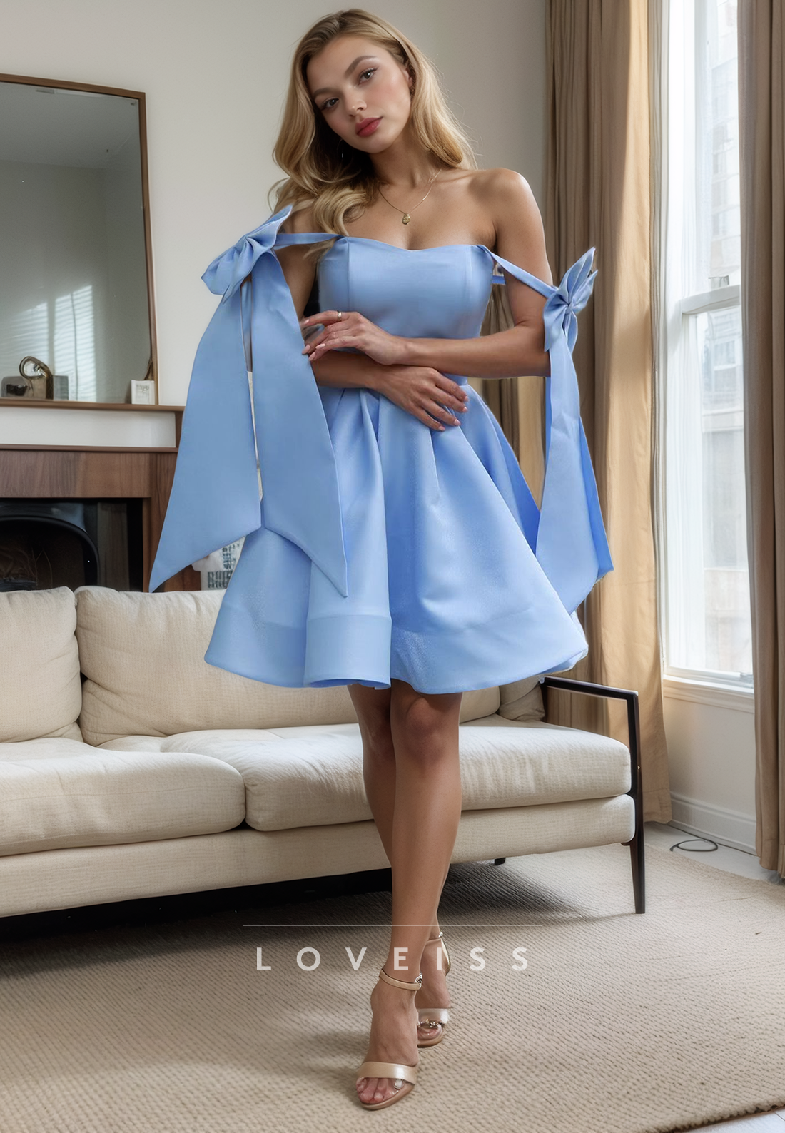 Off-Shoulder Sleeveless Bowknot Pleated A-Line Short Homecoming Dress
