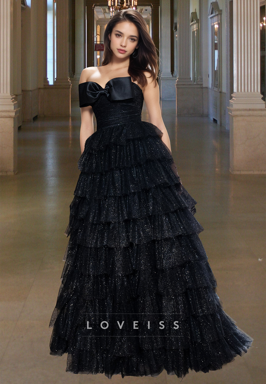 Off-Shoulder Sleeveless Bowknot Tiered Tulle Ball Gown Prom Dress