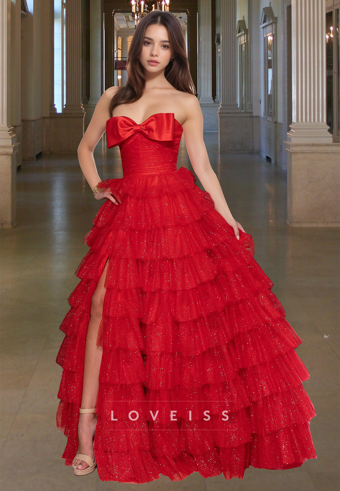 Off-Shoulder Sleeveless Bowknot Tiered Tulle Ball Gown Prom Dress