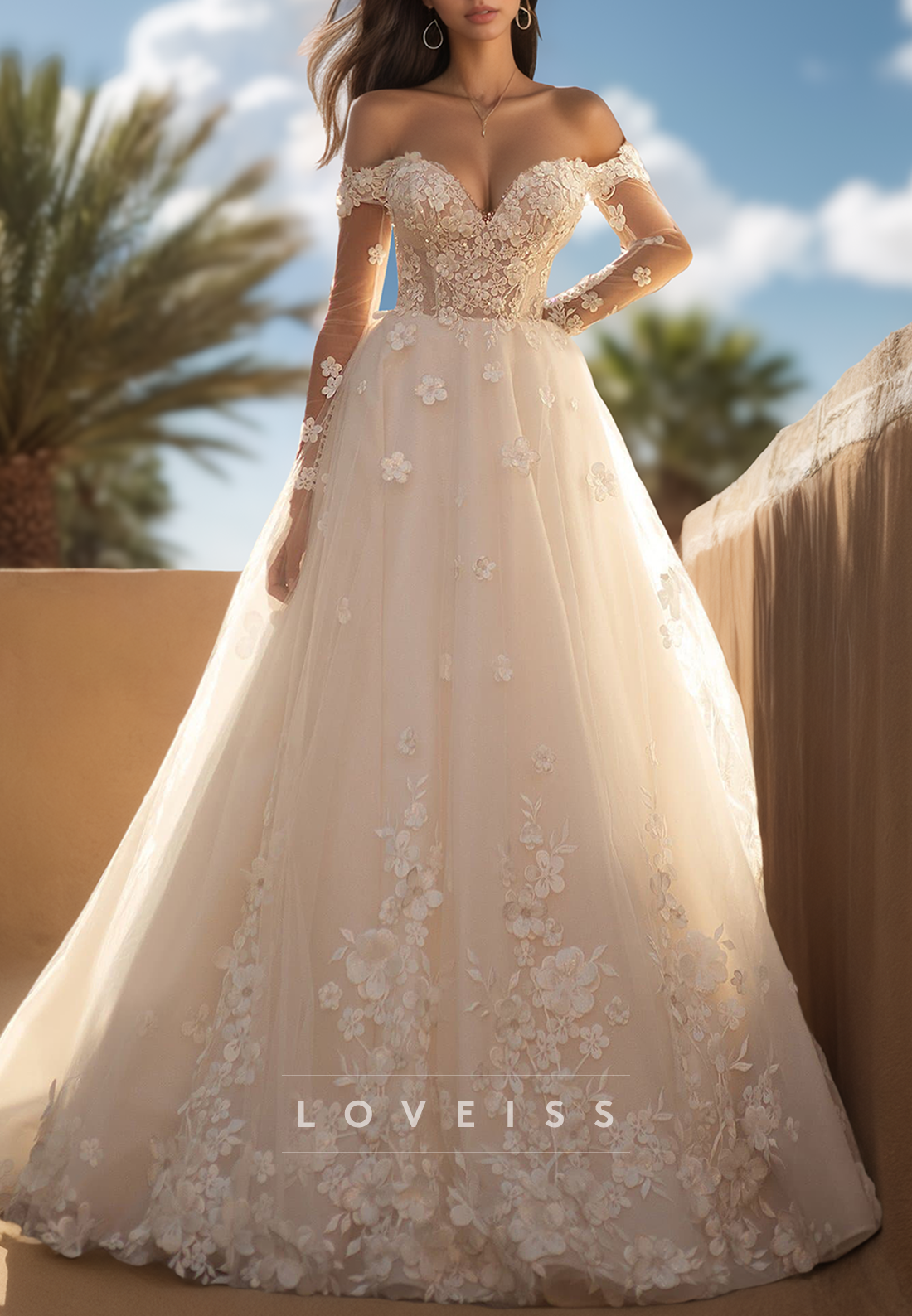 Off-Shoulder Sleeveless Floral Appliques A-Line Wedding Dress