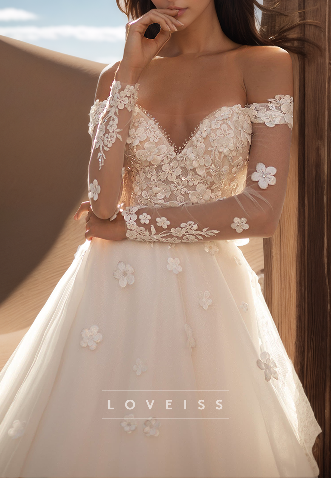 Off-Shoulder Sleeveless Floral Appliques A-Line Wedding Dress
