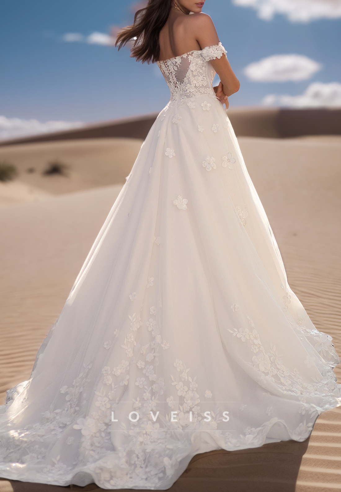 Off-Shoulder Sleeveless Floral Appliques A-Line Wedding Dress
