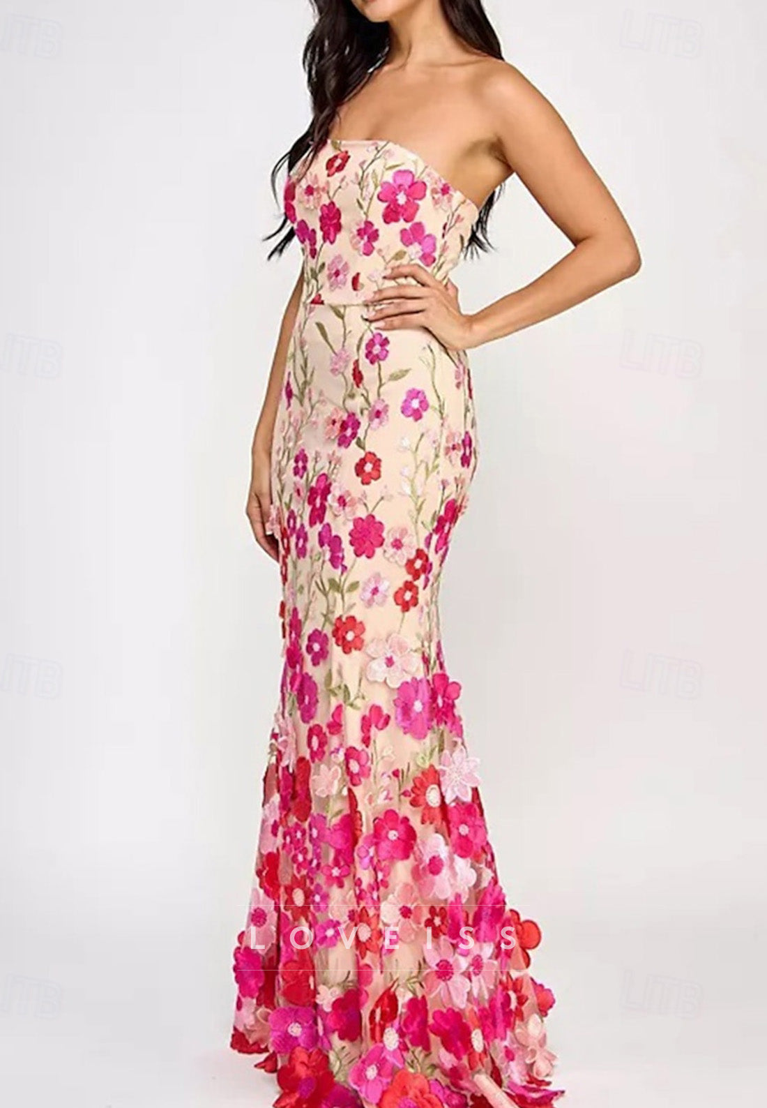 Off-Shoulder Sleeveless Floral Appliques Mermaid Evening Dress