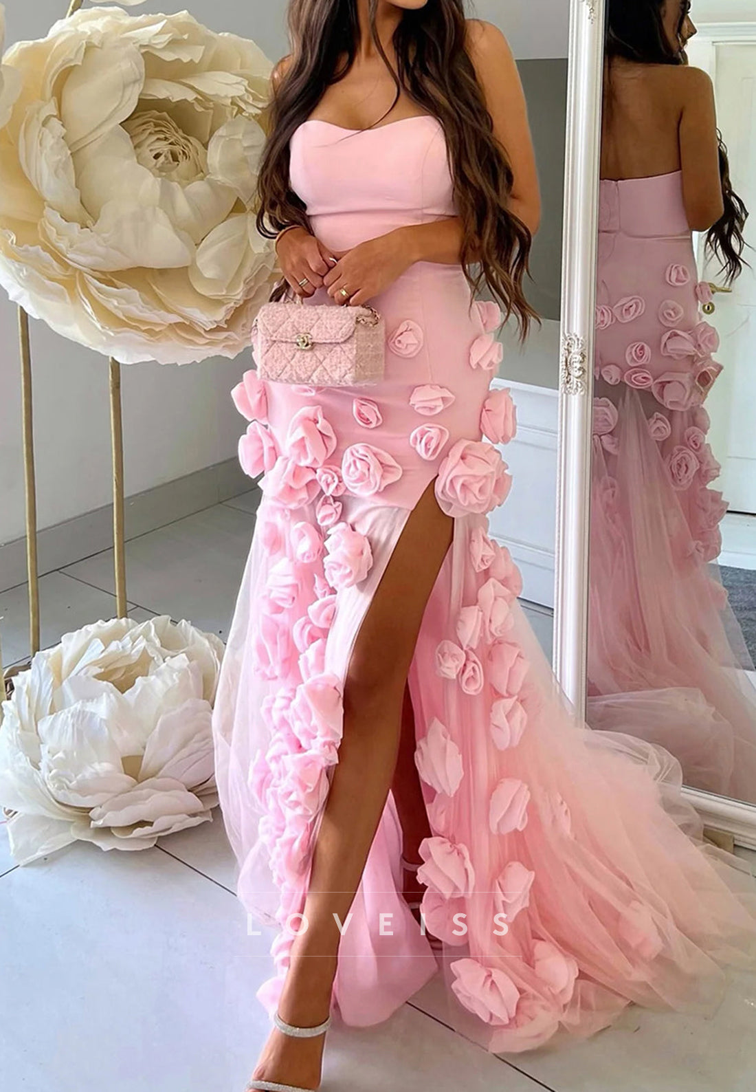 Off-Shoulder Sleeveless Evening Dress Floral Embellished Sheath Party Dress