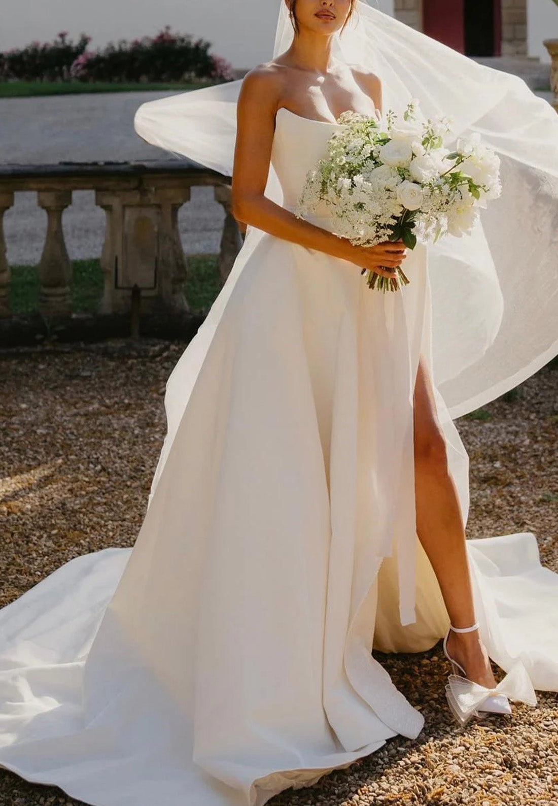 Off-Shoulder Sleeveless High Slit A-Line Wedding Dress