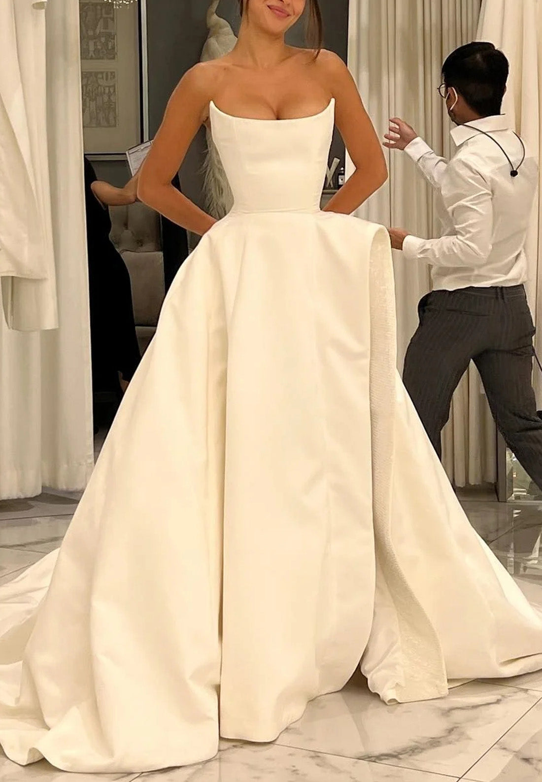 Off-Shoulder Sleeveless High Slit A-Line Wedding Dress