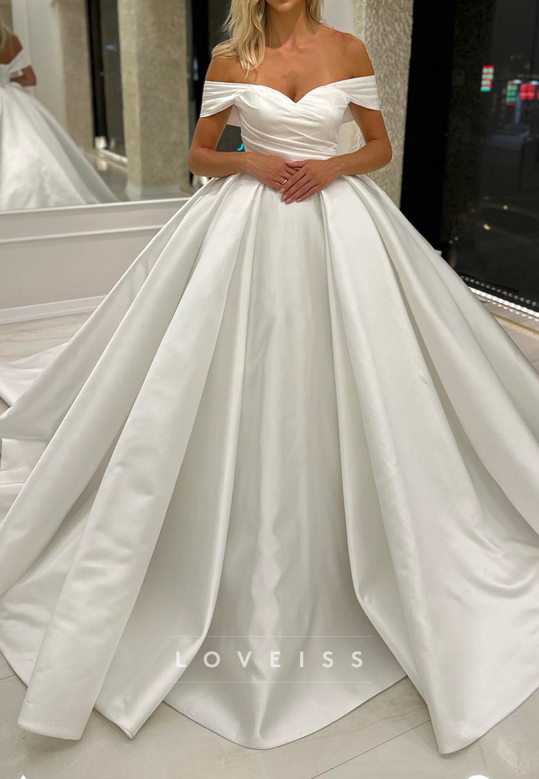 Off-Shoulder Sleeveless Pleated A-Line Satin Wedding Dress