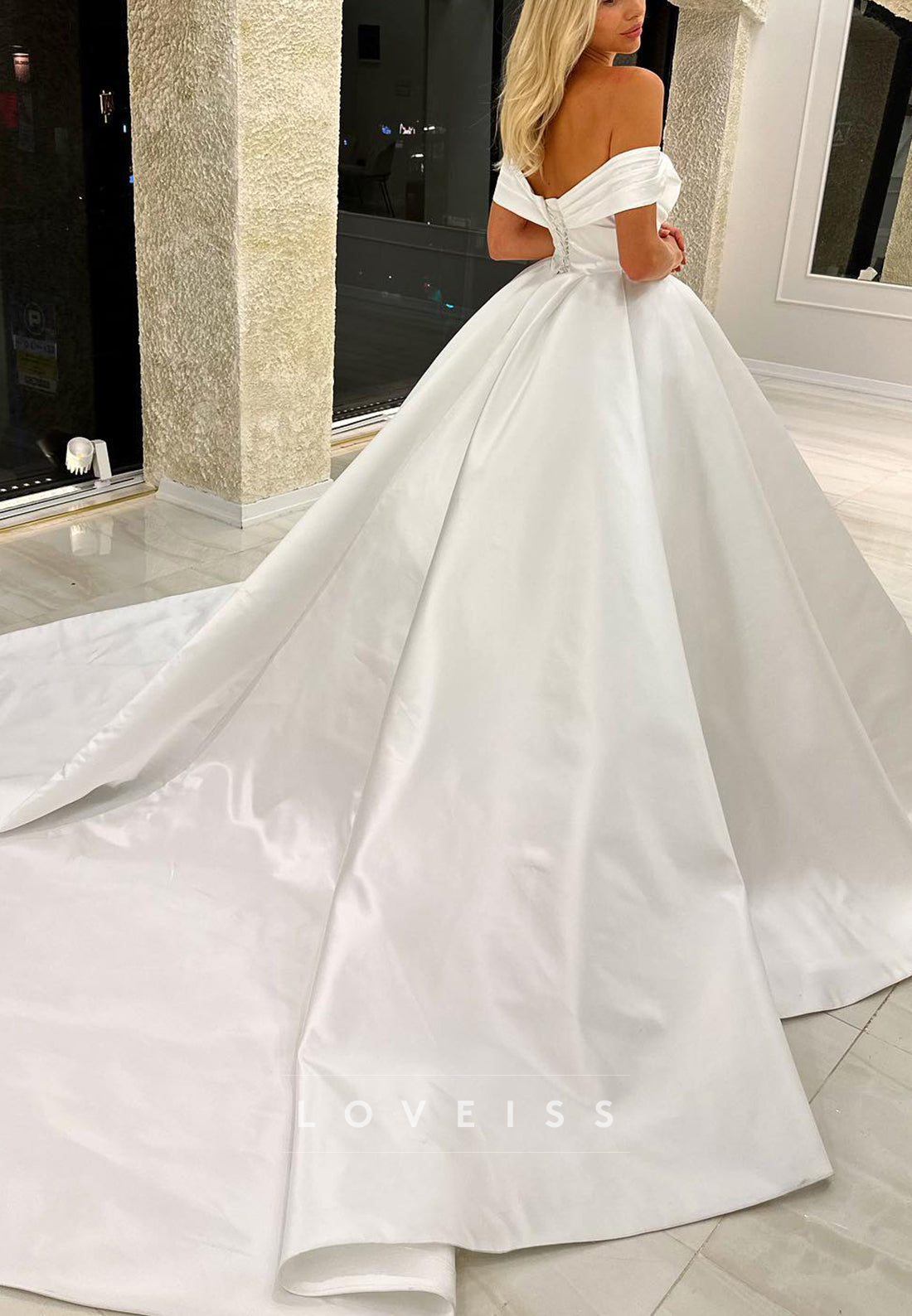 Off-Shoulder Sleeveless Pleated A-Line Satin Wedding Dress