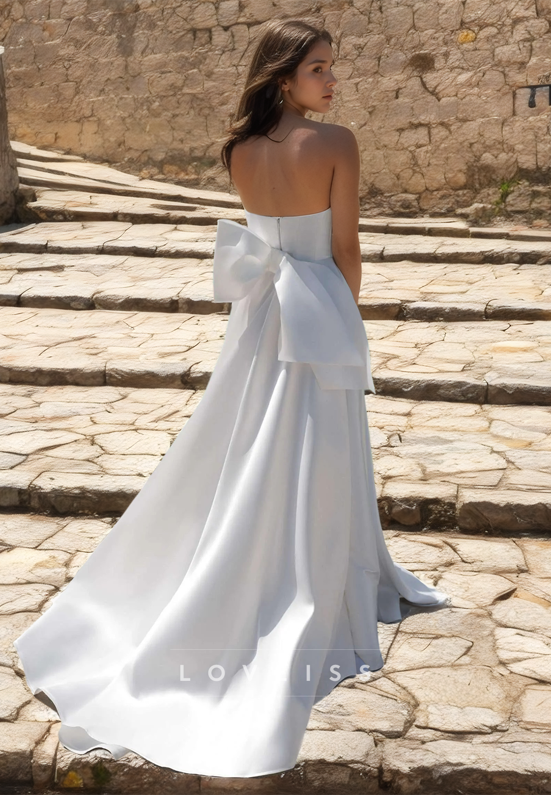 Off-Shoulder Sleeveless Pleated Bowknot Satin A-Line Beach Wedding Dress