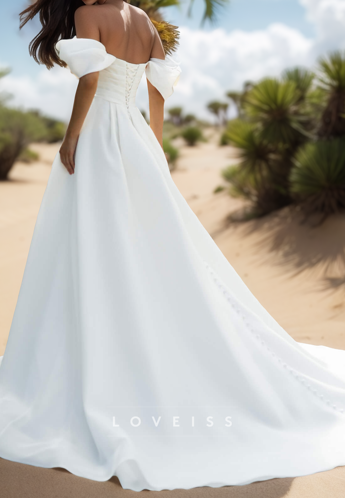 Off-Shoulder Sleeveless Pleated Satin A-Line Beach Wedding Dress