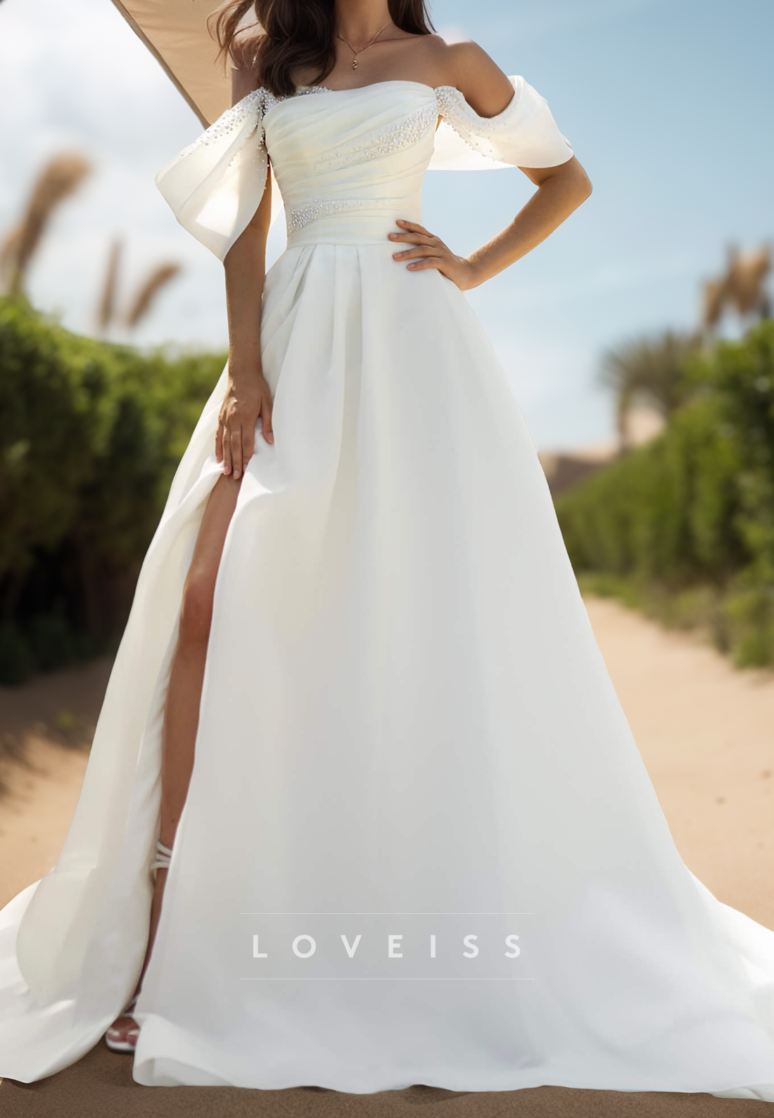 Off-Shoulder Sleeveless Pleated Satin A-Line Beach Wedding Dress