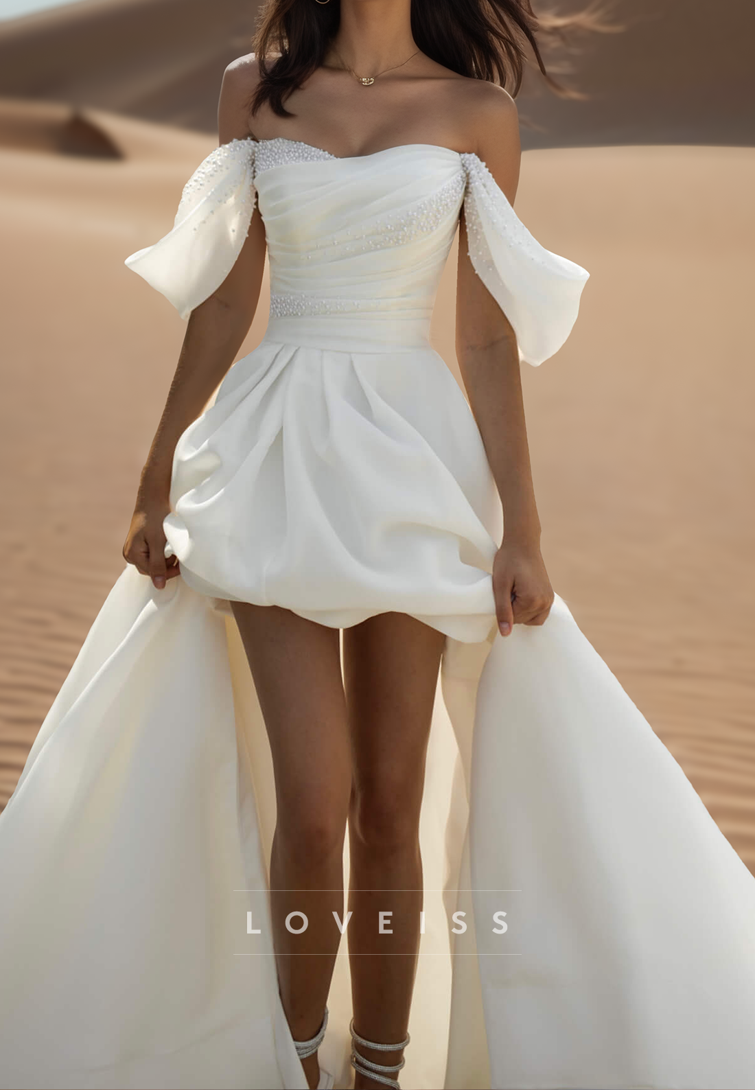 Off-Shoulder Sleeveless Pleated Satin A-Line Beach Wedding Dress