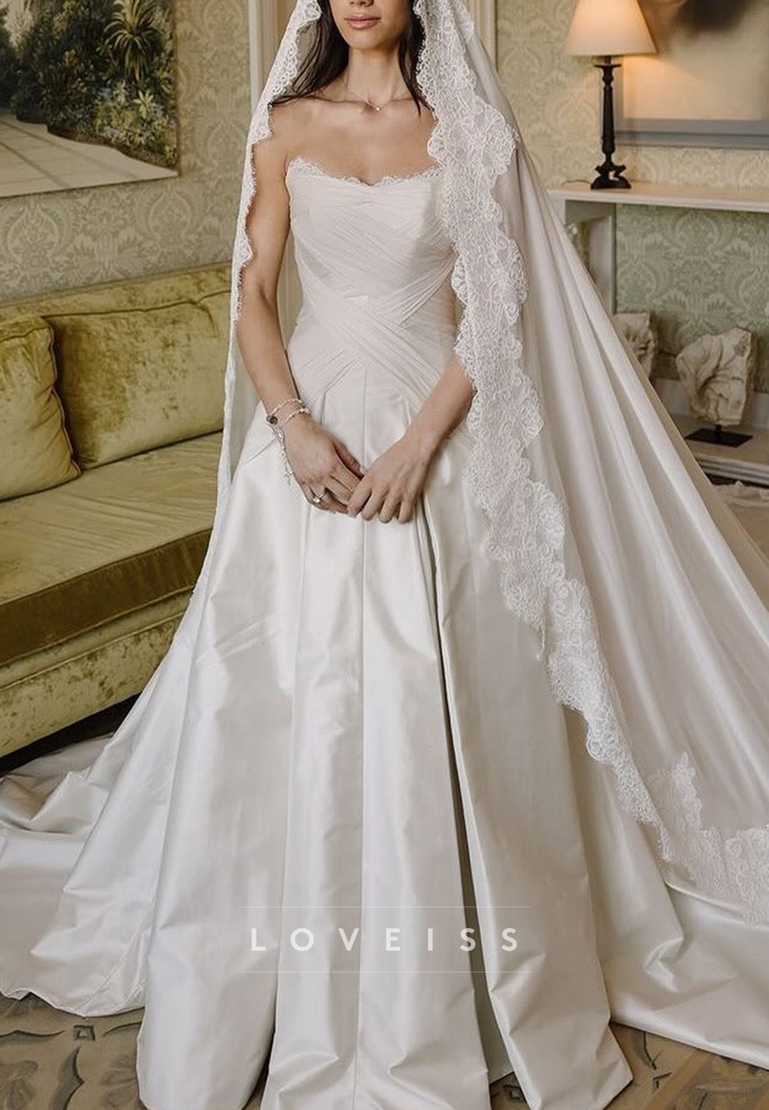 Off-Shoulder Sleeveless Pleated Satin A-Line Elegant Wedding Dress