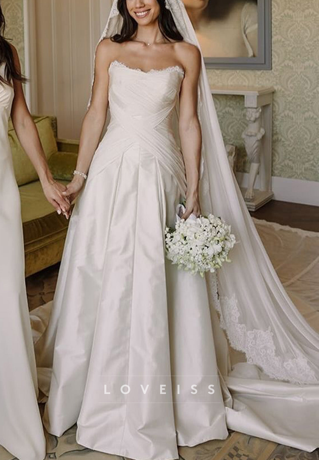 Off-Shoulder Sleeveless Pleated Satin A-Line Elegant Wedding Dress