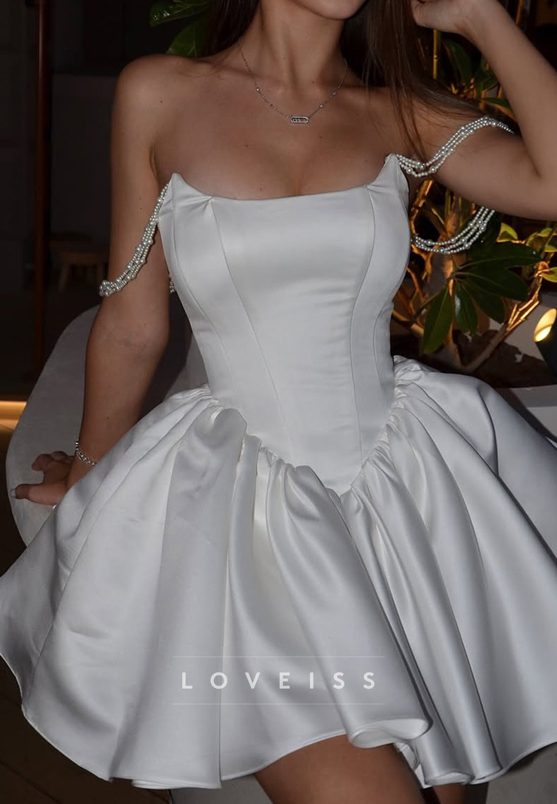 Off-Shoulder Sleeveless Pleated Satin A-Line Short Wedding Dress
