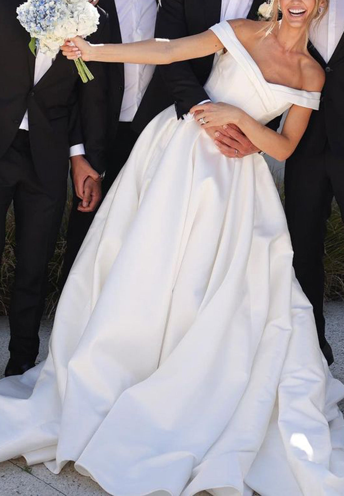 Off-Shoulder Sleeveless Pleated Satin A-Line Simple Wedding Dress