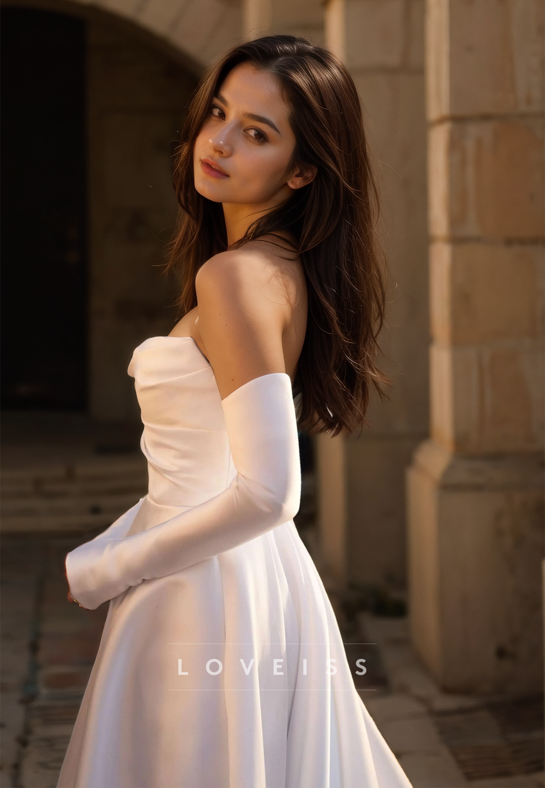 Off-Shoulder Sleeveless Pleated Side Slit Satin A-Line Wedding Dress