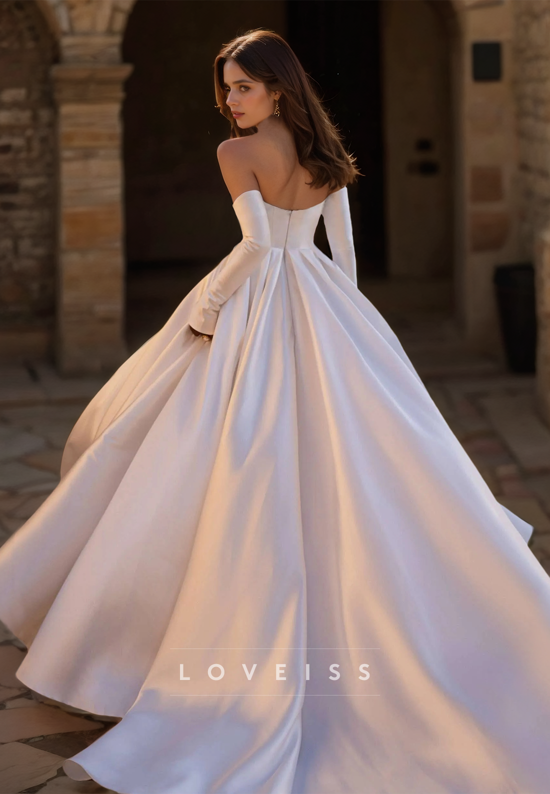 Off-Shoulder Sleeveless Pleated Side Slit Satin A-Line Wedding Dress