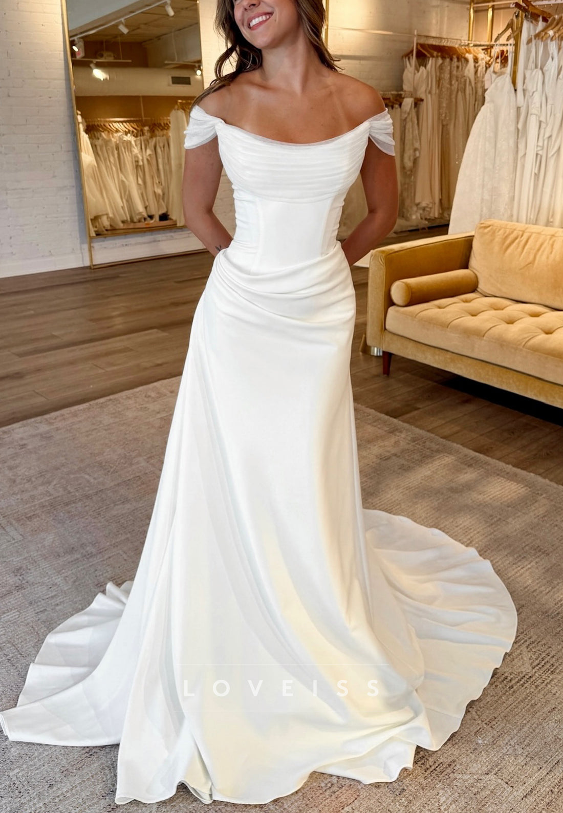 Off-Shoulder Sleeveless Pleated Sleek A-Line Wedding Dress