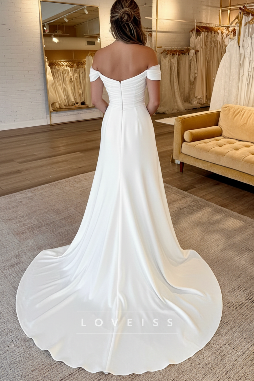 Off-Shoulder Sleeveless Pleated Sleek A-Line Wedding Dress
