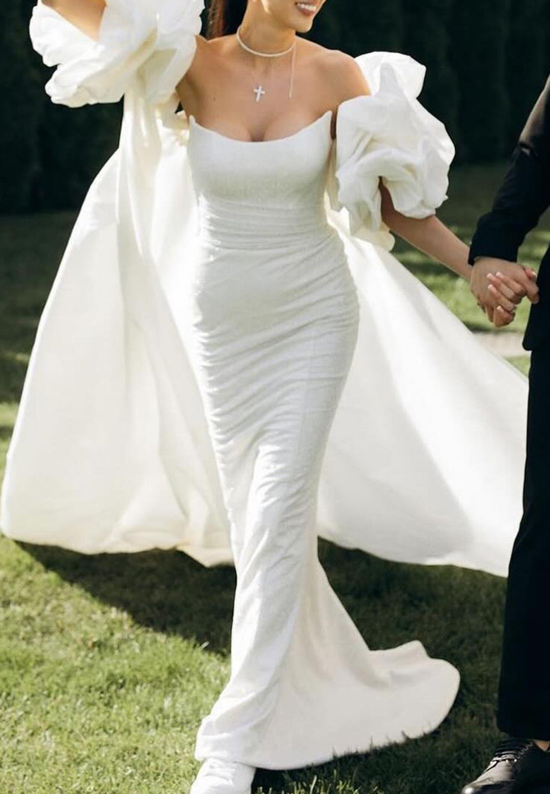 Off-Shoulder Sleeveless Pleated Sleek Beach Wedding Dress
