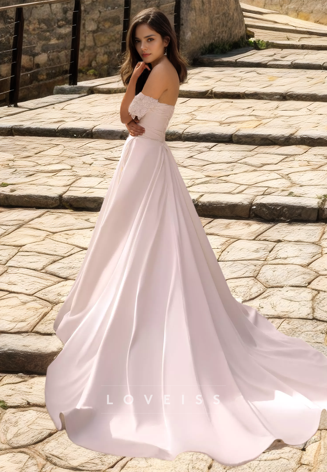 Off-Shoulder Sleeveless Ruched Sleek Satin A-Line Wedding Dress