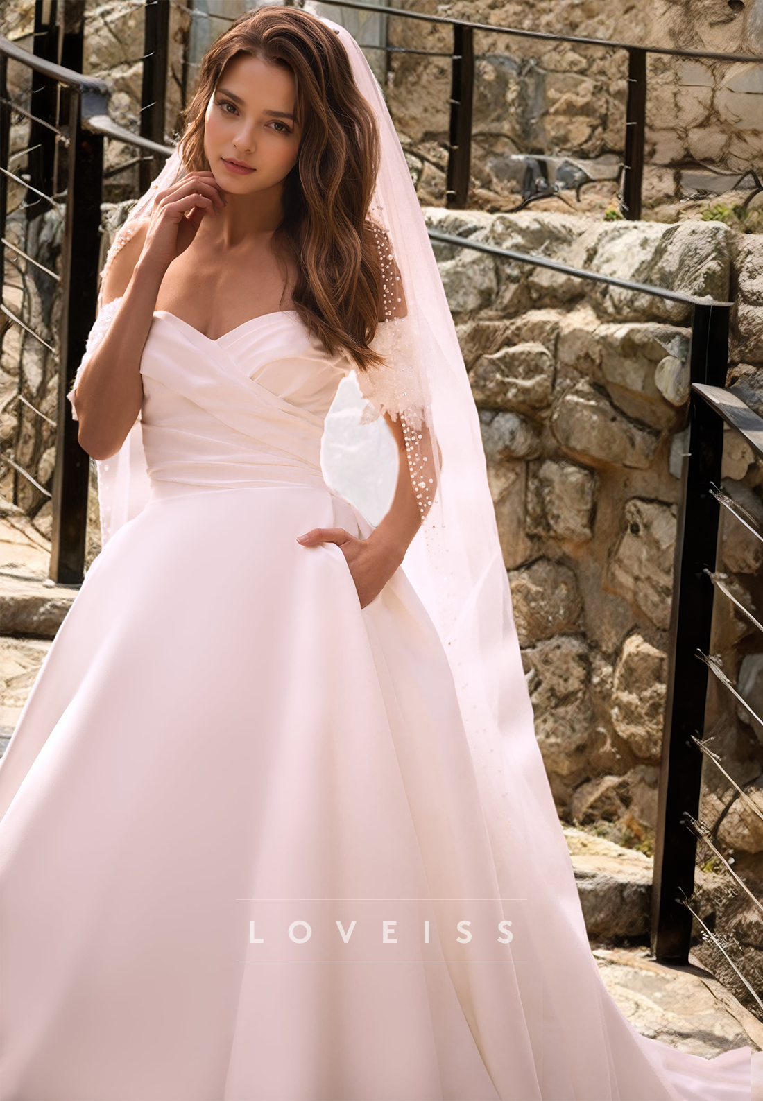 Off-Shoulder Sleeveless Ruched Sleek Satin A-Line Wedding Dress