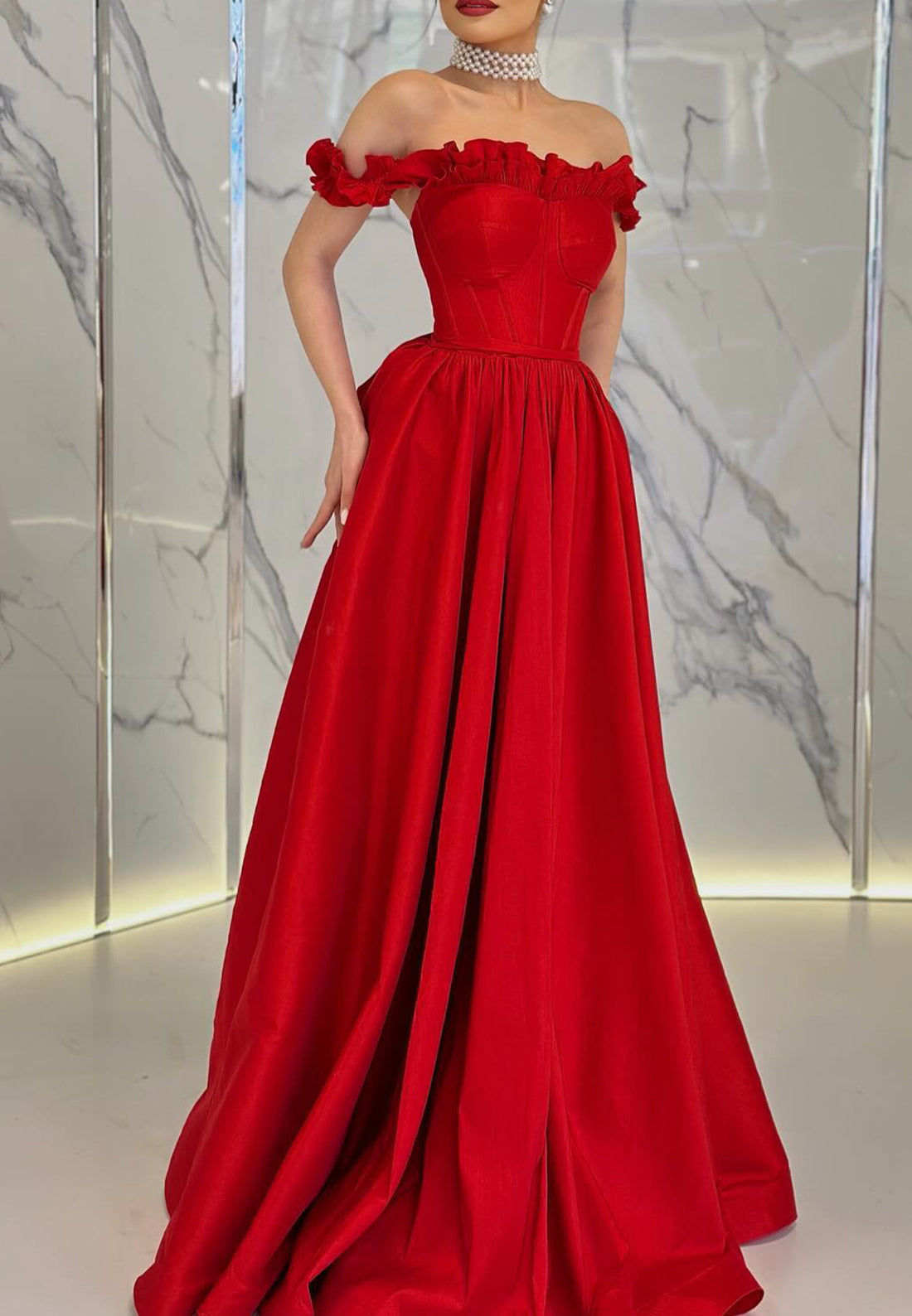 Off-Shoulder Sleeveless Ruffled Pleated A-Line Prom Dresss