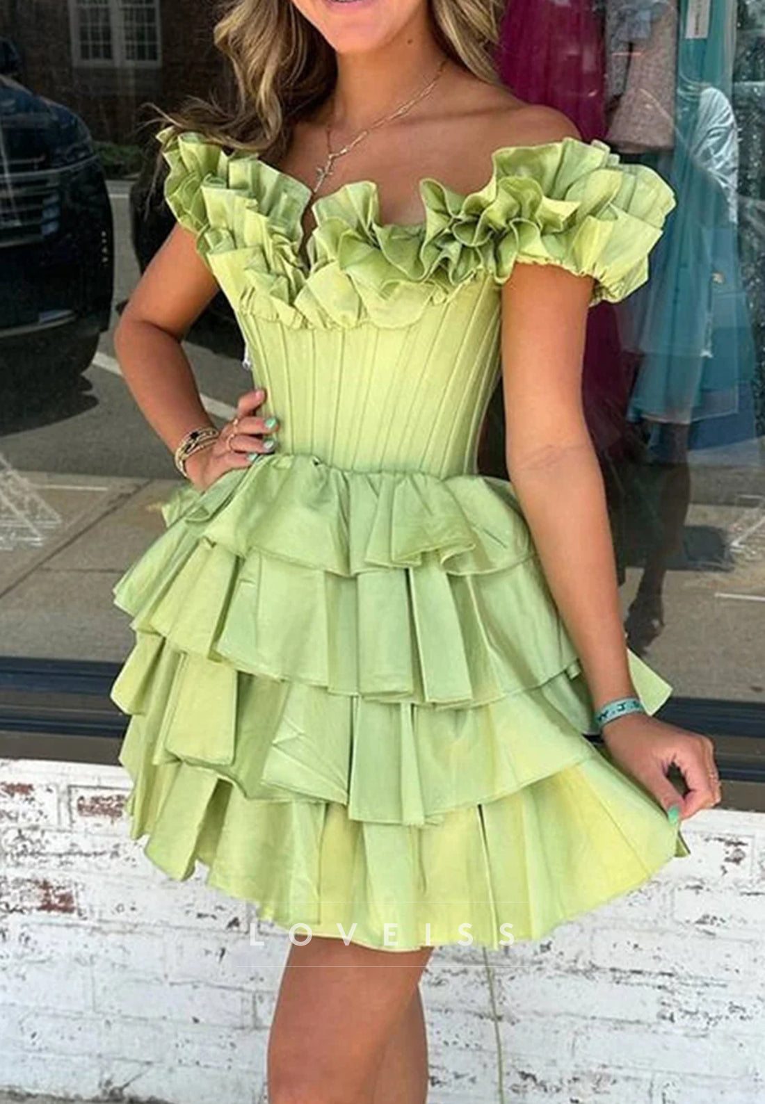 Off-Shoulder Sleeveless Ruffled Tiered A-Line Party Homecoming Dress