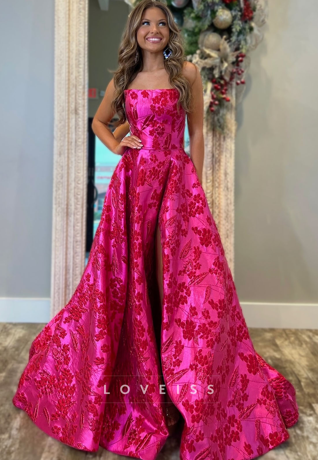 Off-Shoulder Sleeveless Satin Floral A-Line Prom Dress