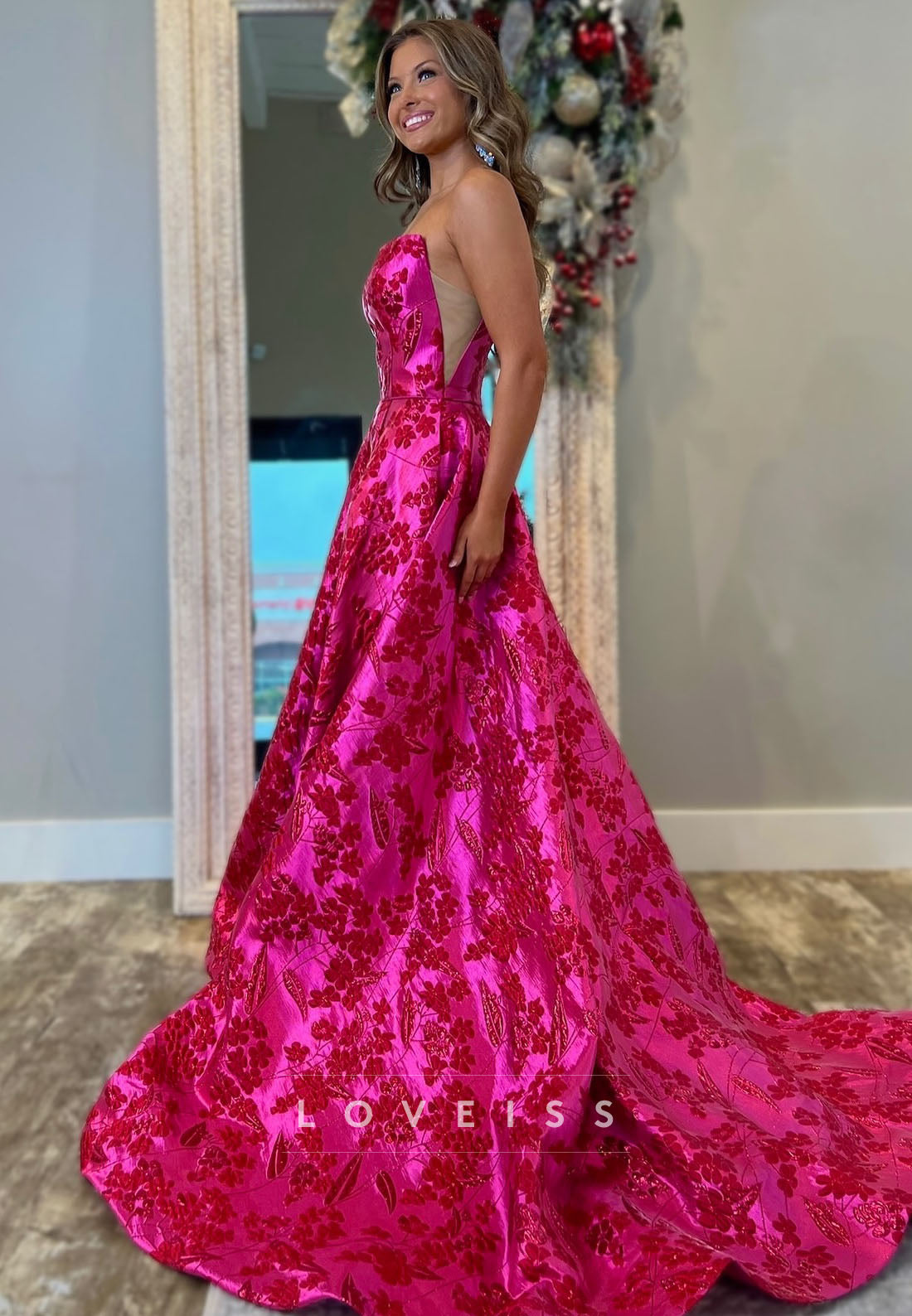 Off-Shoulder Sleeveless Satin Floral A-Line Prom Dress