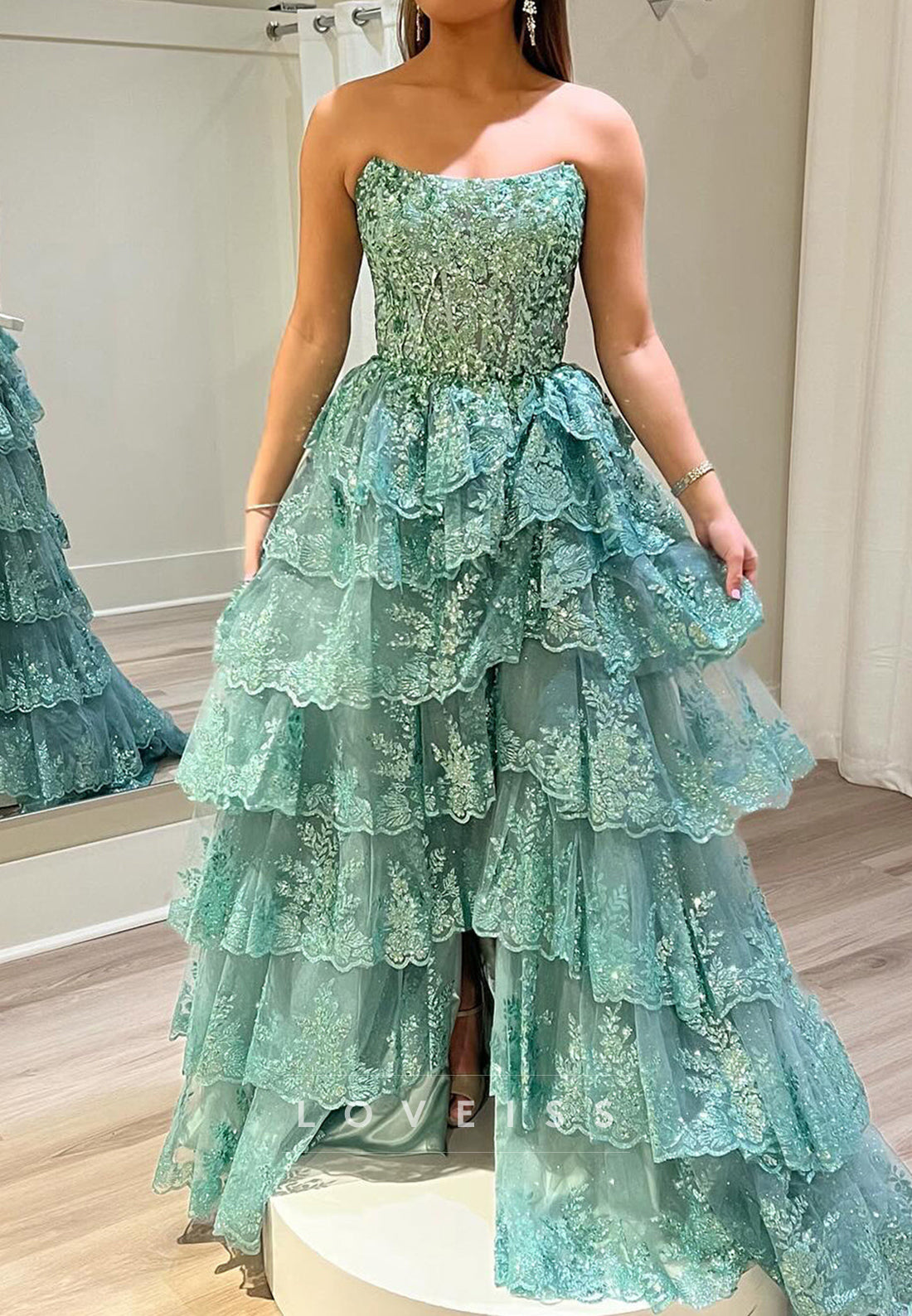 Off-Shoulder Sleeveless Sequins Appliques Tiered A-Line Prom Dress