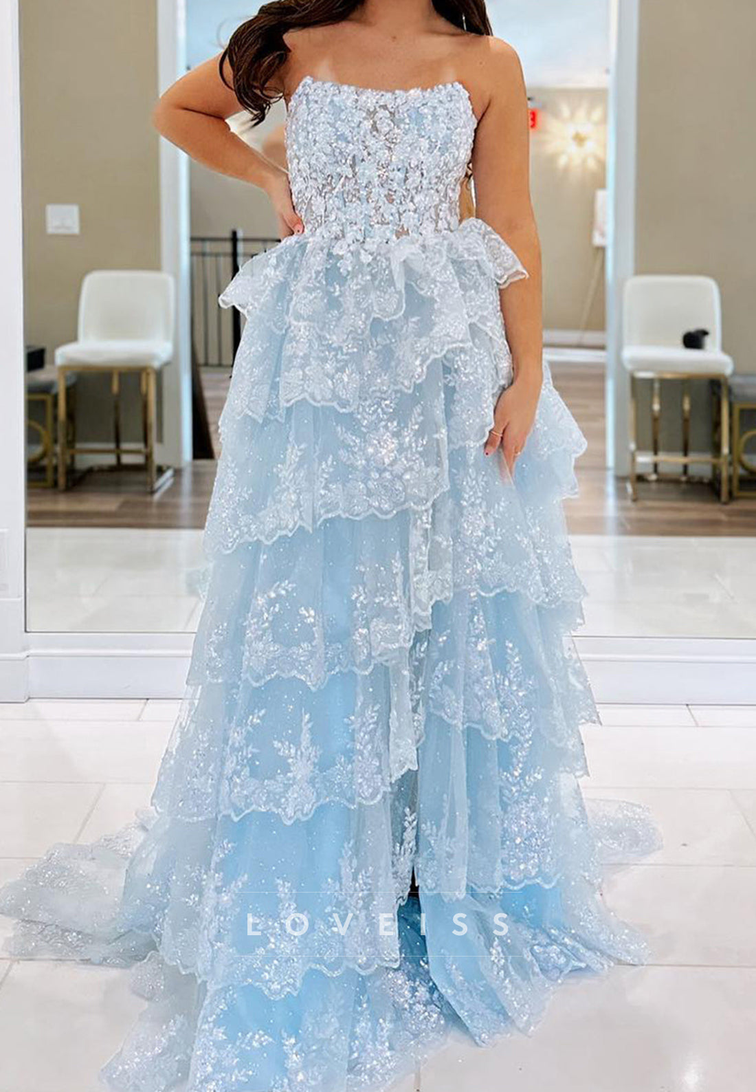Off-Shoulder Sleeveless Sequins Appliques Tiered A-Line Prom Dress