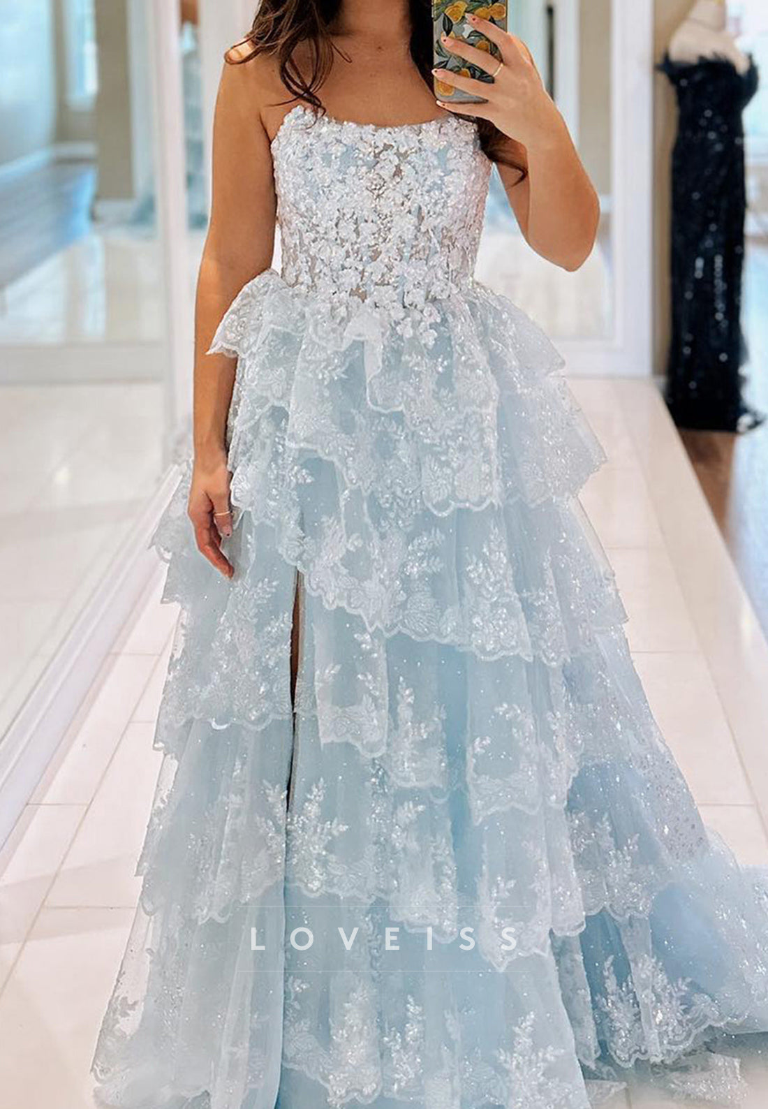 Off-Shoulder Sleeveless Sequins Appliques Tiered A-Line Prom Dress