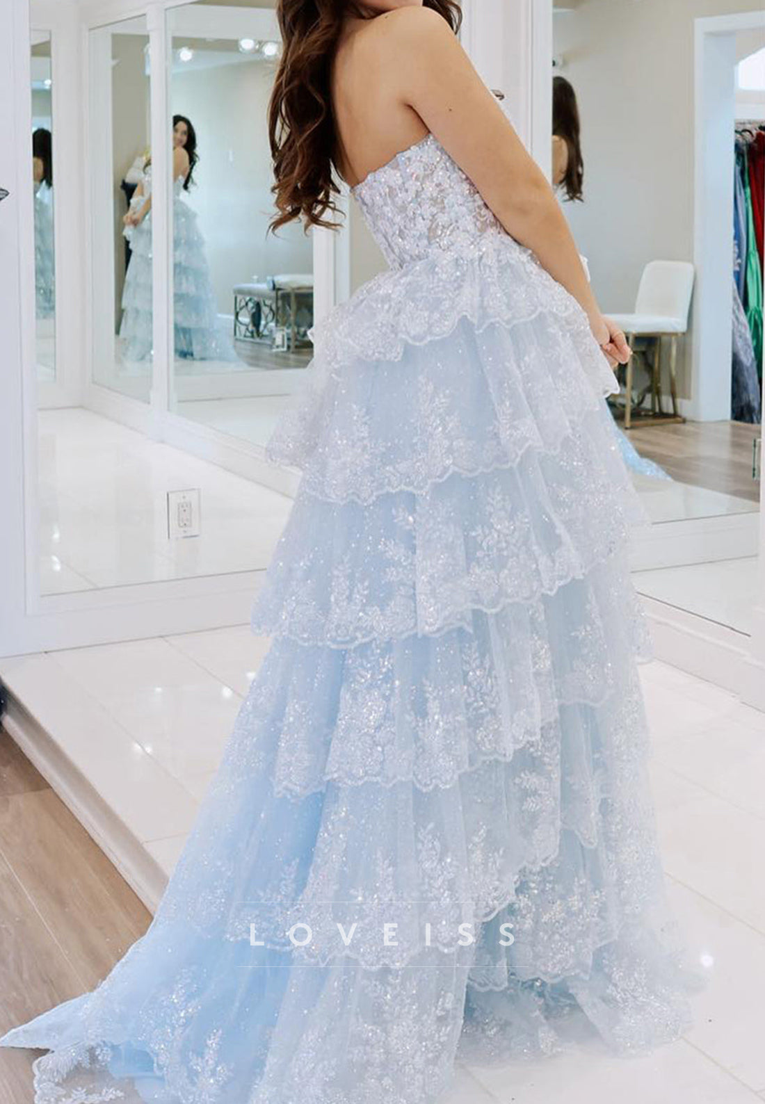 Off-Shoulder Sleeveless Sequins Appliques Tiered A-Line Prom Dress