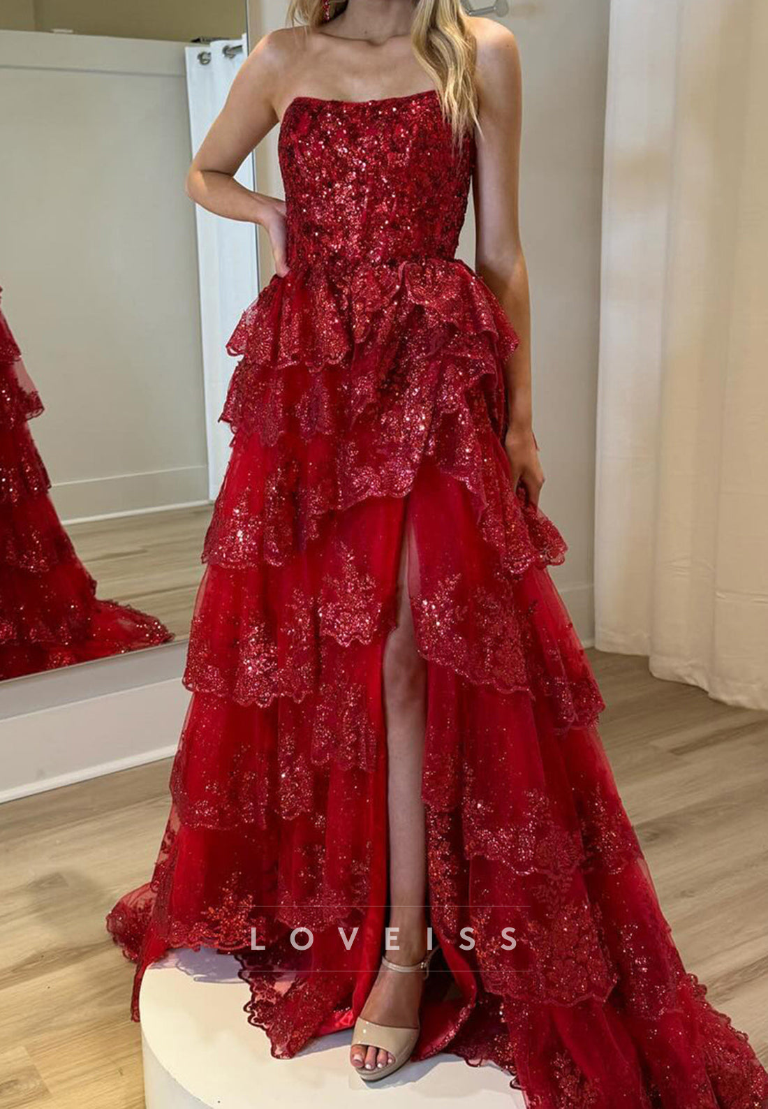 Off-Shoulder Sleeveless Sequins Appliques Tiered A-Line Prom Dress