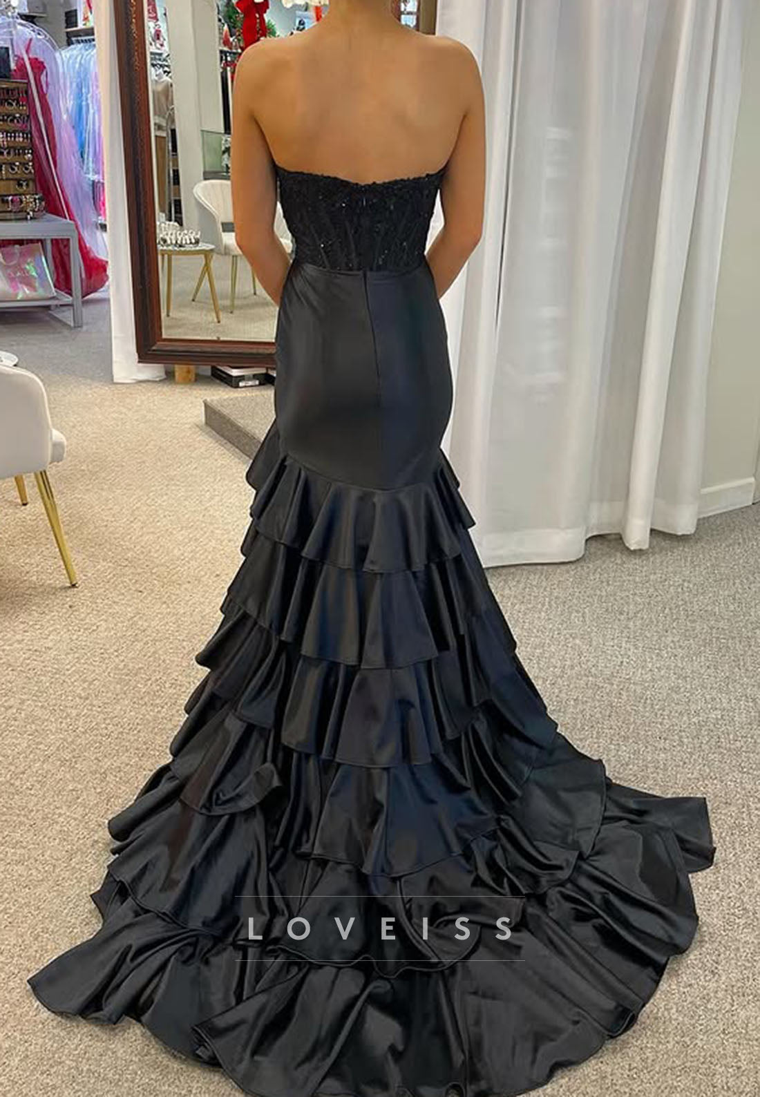 Off-Shoulder Sleeveless Sequins Tiered Pleated Sheath Prom Dress