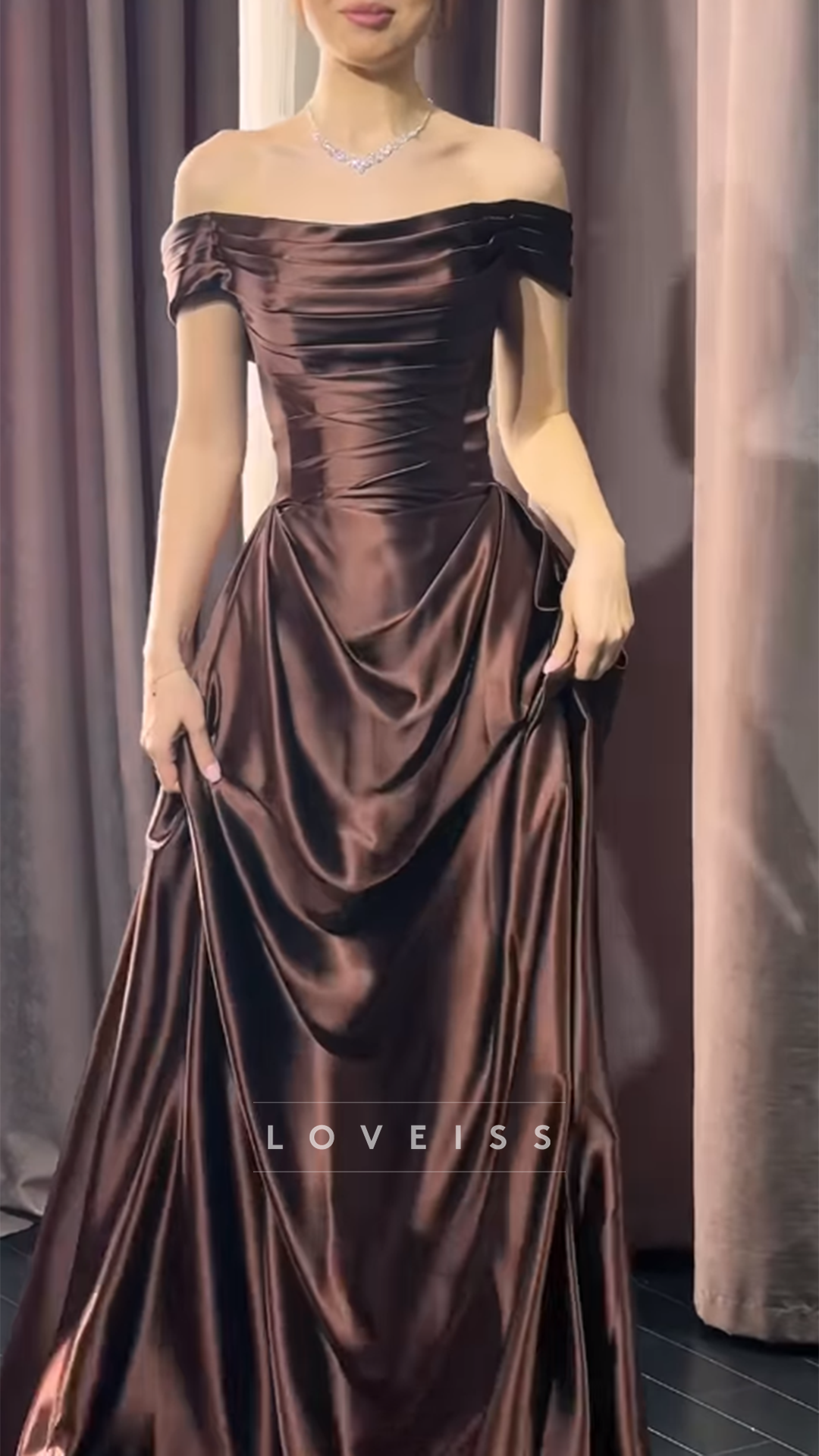 Off-Shoulder Sleeveless Sleek Satin A-Line Evening Dress