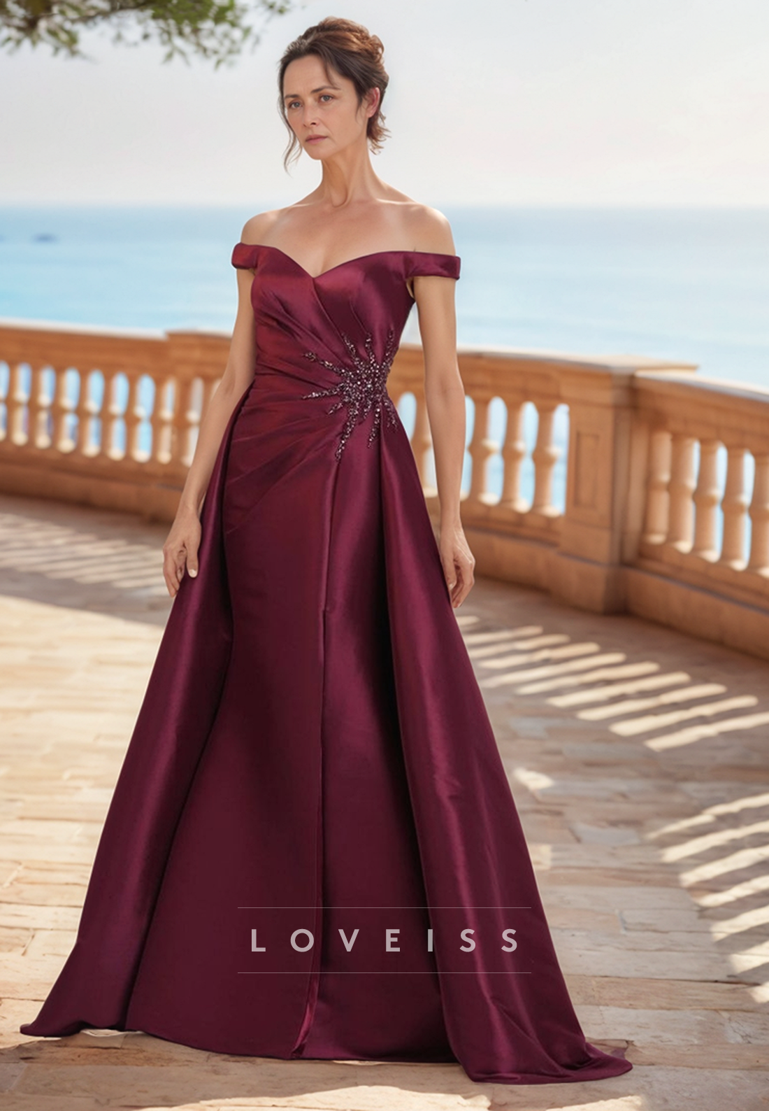 Off-Shoulder Sleeveless Sleek Satin Appliques Sheath Mother of Bride Dress