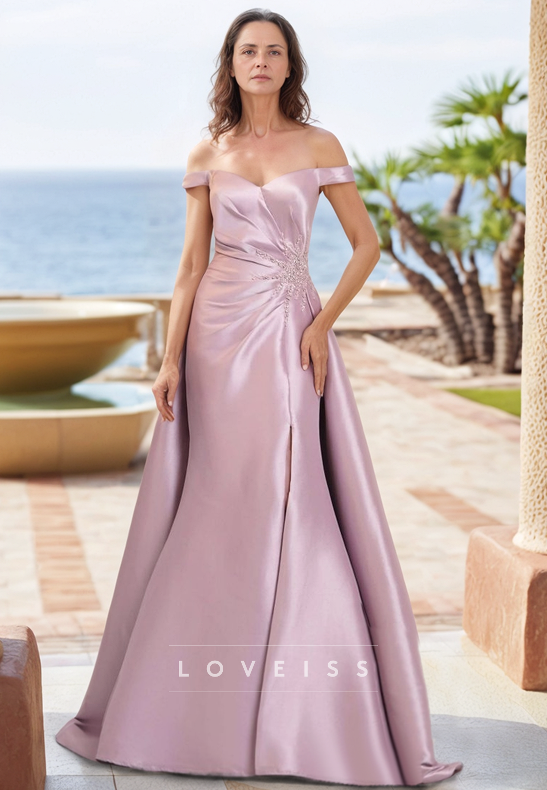 Off-Shoulder Sleeveless Sleek Satin Appliques Sheath Mother of Bride Dress