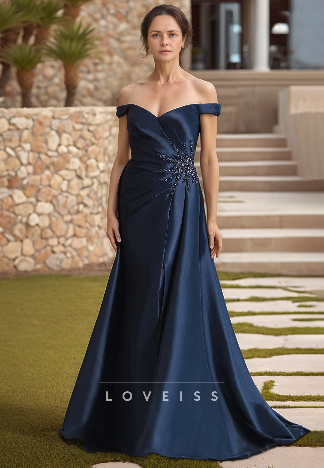 Off-Shoulder Sleeveless Sleek Satin Appliques Sheath Mother of Bride Dress