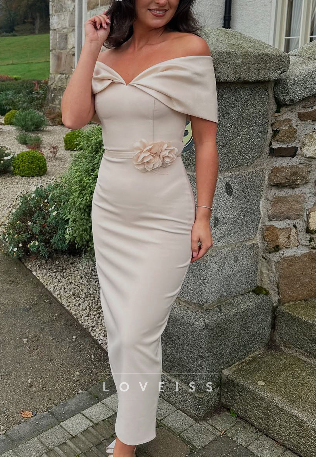 Off-Shoulder Sleeveless Sleek Sheath Midi Mother of Bride Dress