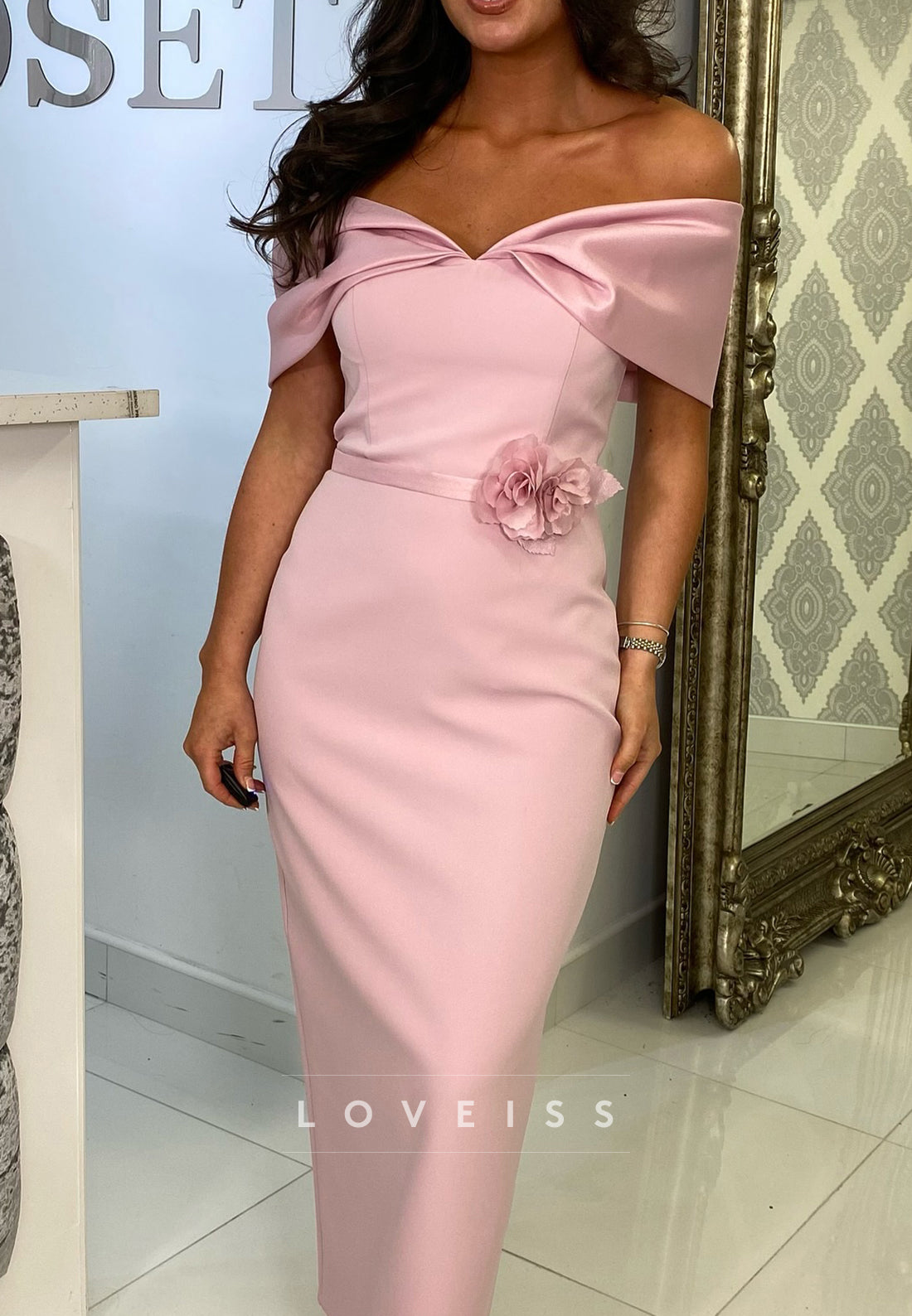 Off-Shoulder Sleeveless Sleek Sheath Midi Mother of Bride Dress