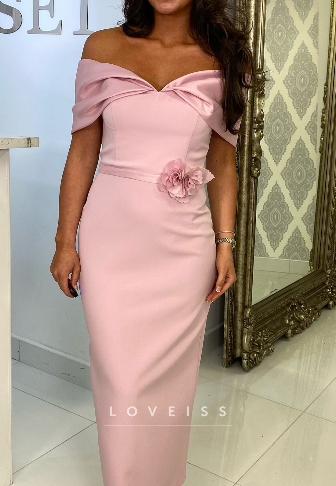 Off-Shoulder Sleeveless Sleek Sheath Midi Mother of Bride Dress