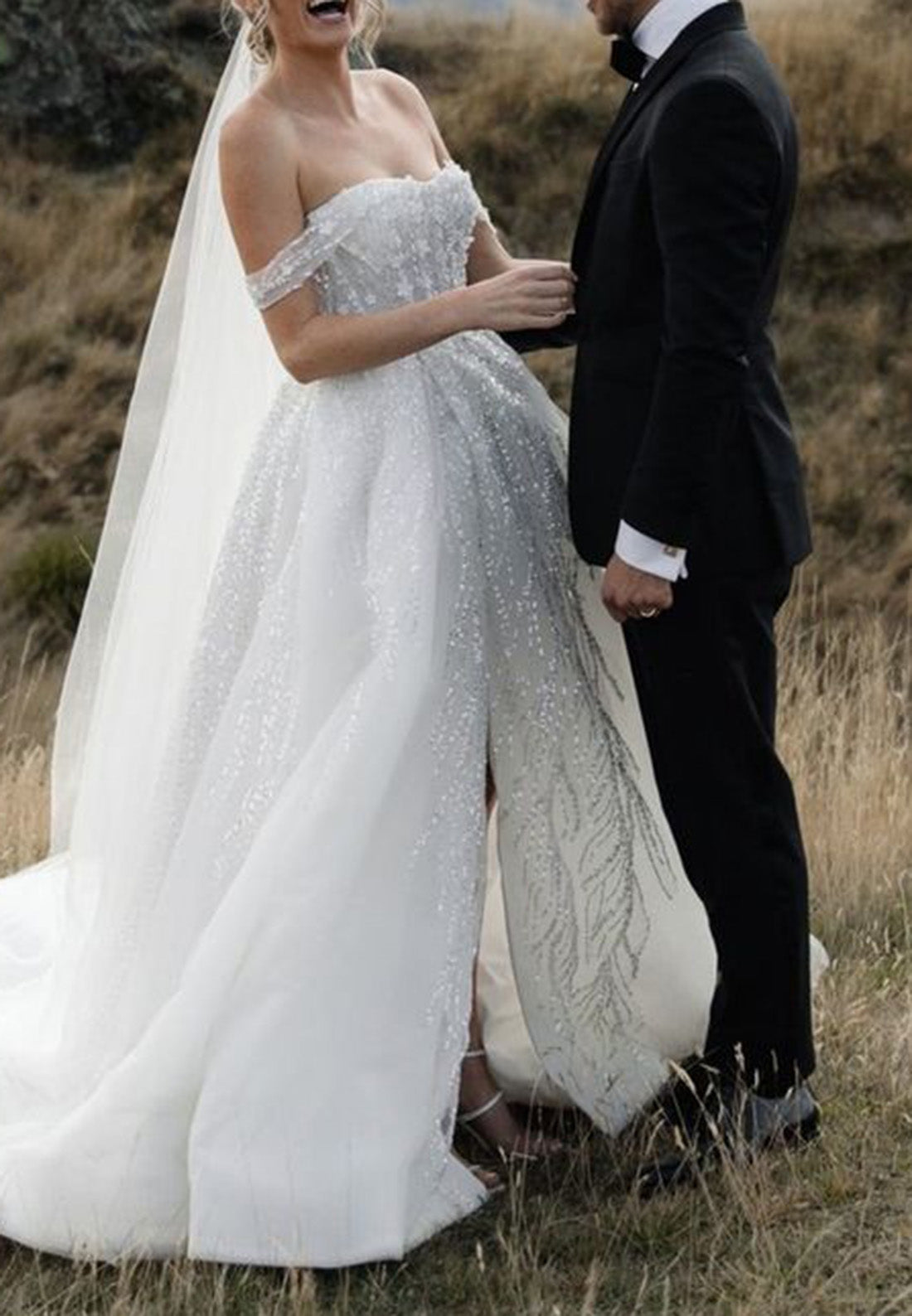 Off-Shoulder Sleeveless Sparkly A-Line Wedding Dress