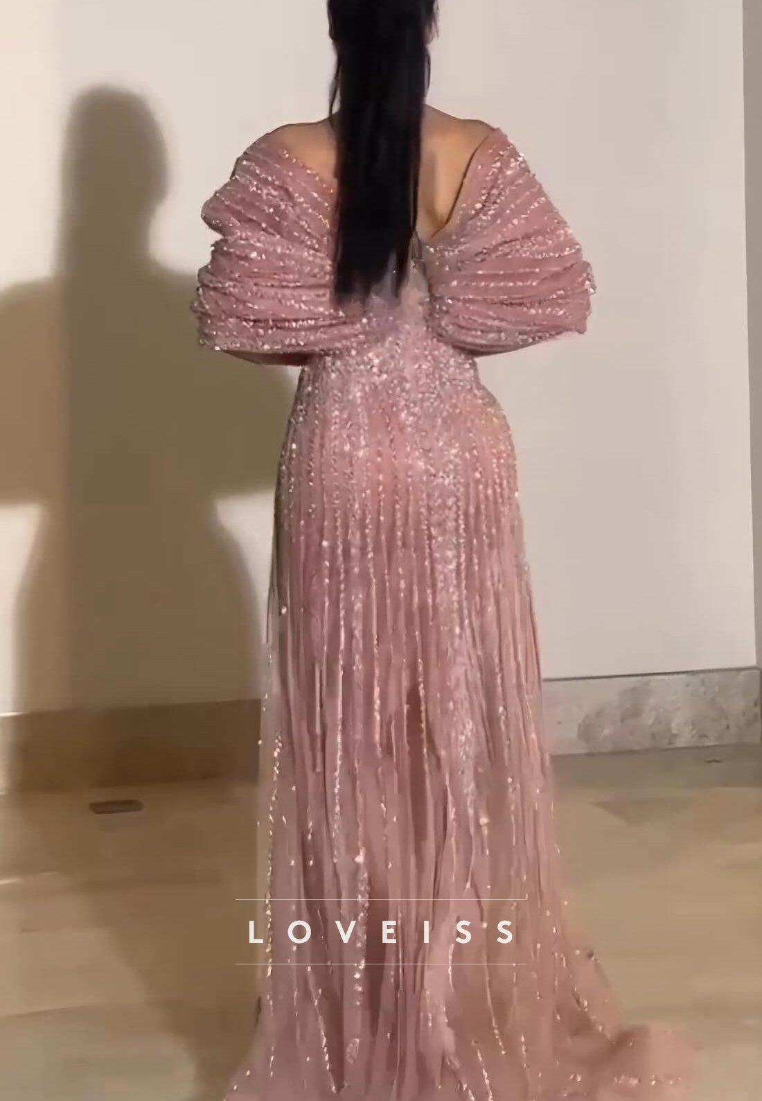 Off-Shoulder Sleeves Beaded Embroidery Sparkly A-Line Evening Dress