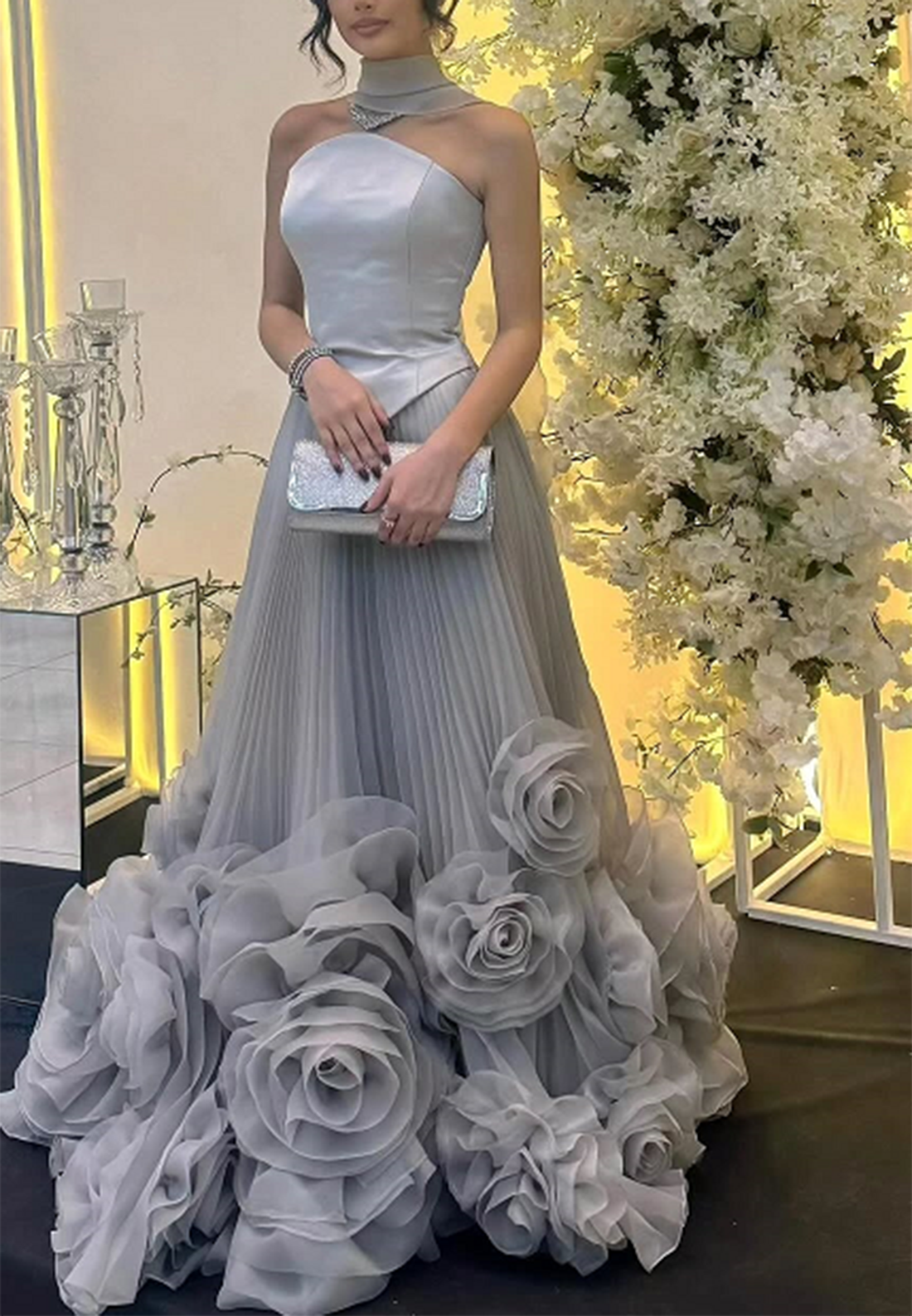 Off-Shoulder Sleevless 3D Floral Pleated A-Line Evening Dress