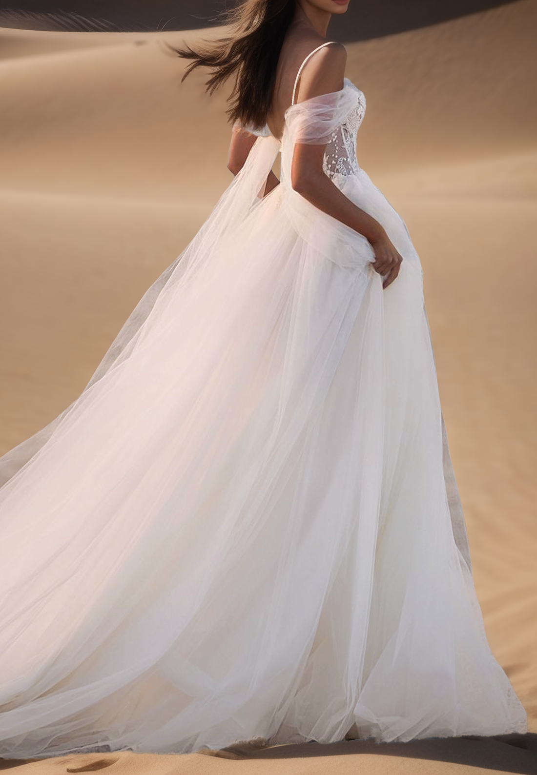 Off-Shoulder Spaghetti Straps Appliques Tulle A-Line Wedding Dress