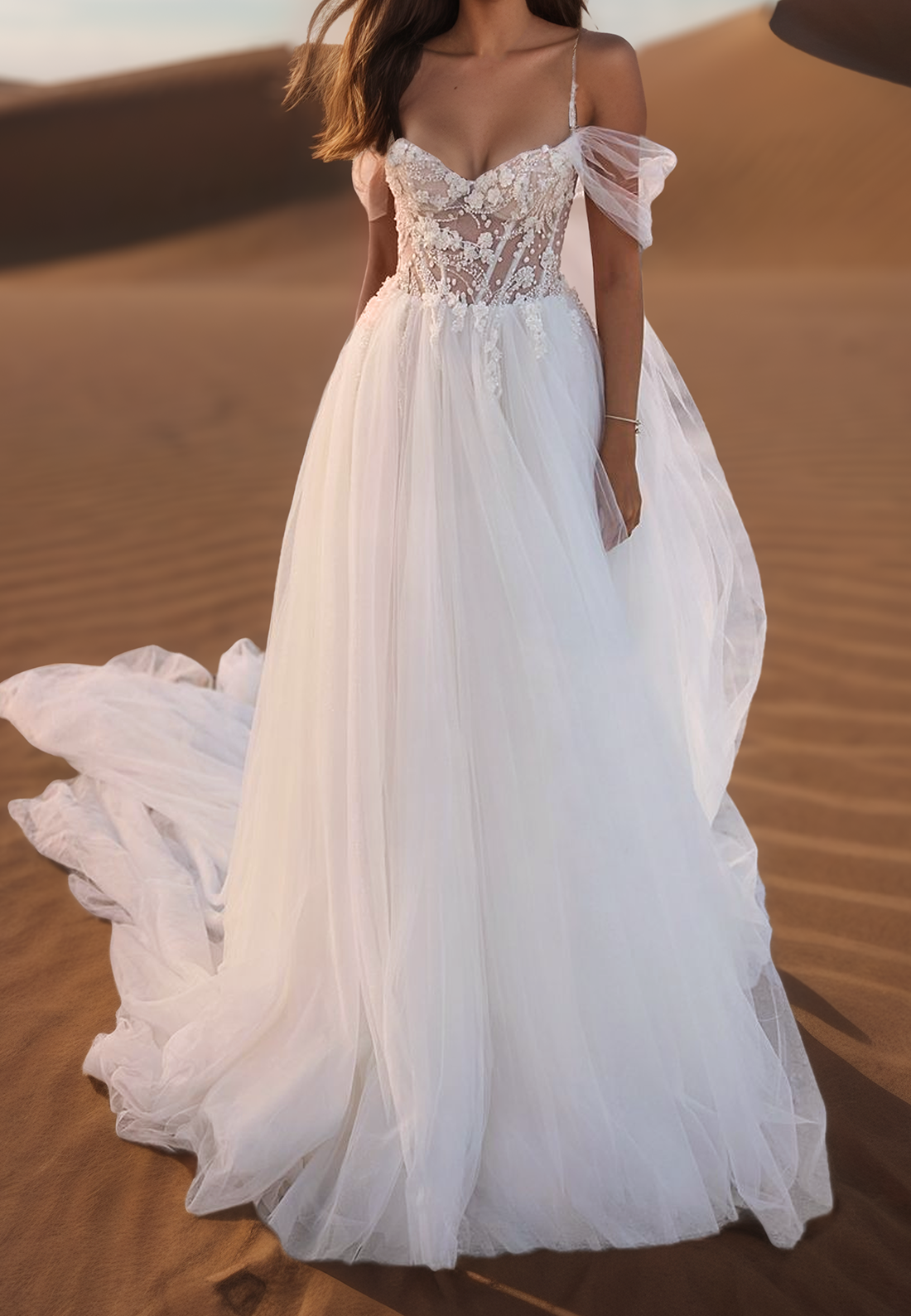 Off-Shoulder Spaghetti Straps Appliques Tulle A-Line Wedding Dress